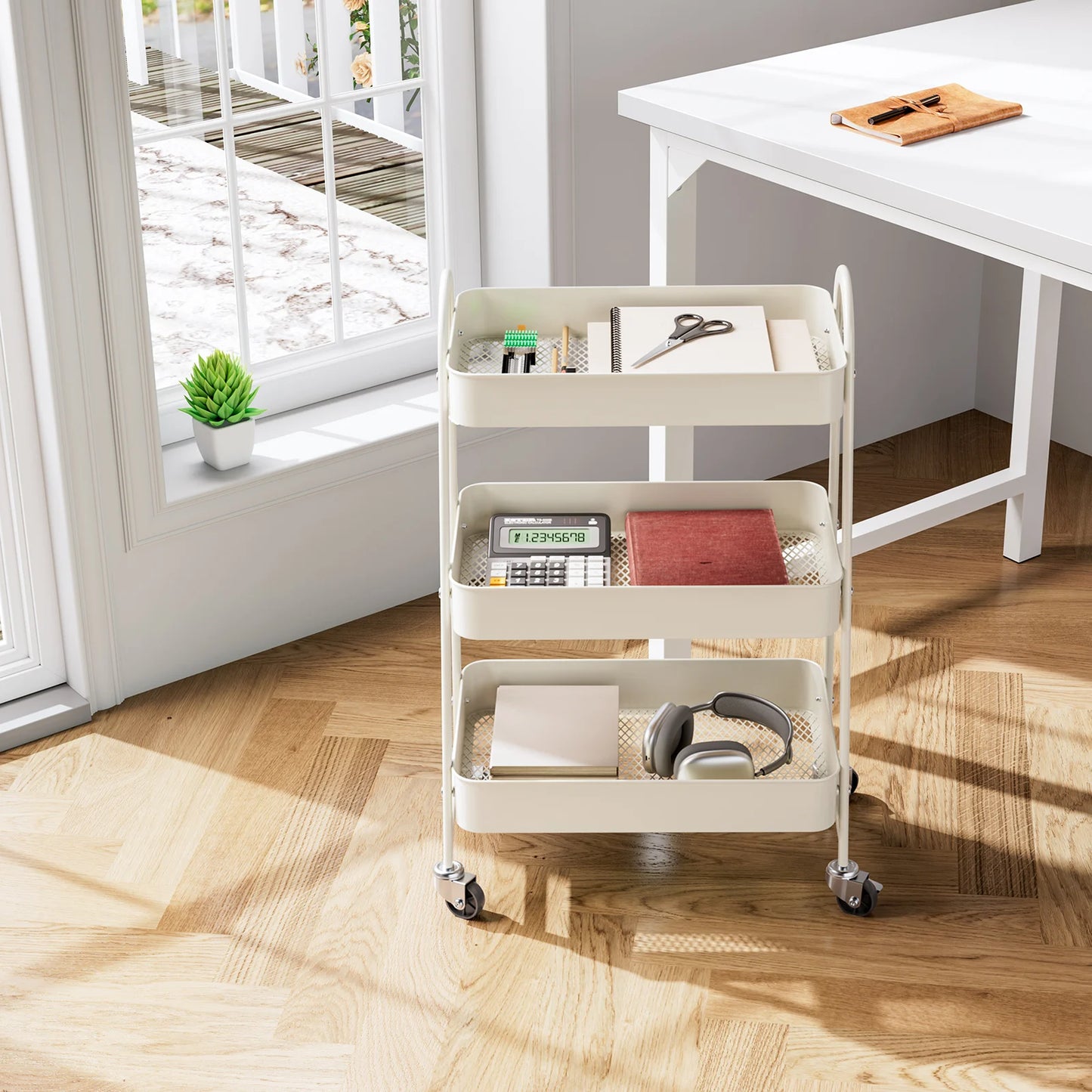 Slim 3-Tier Metal Storage Cart with Wheels for Home Use