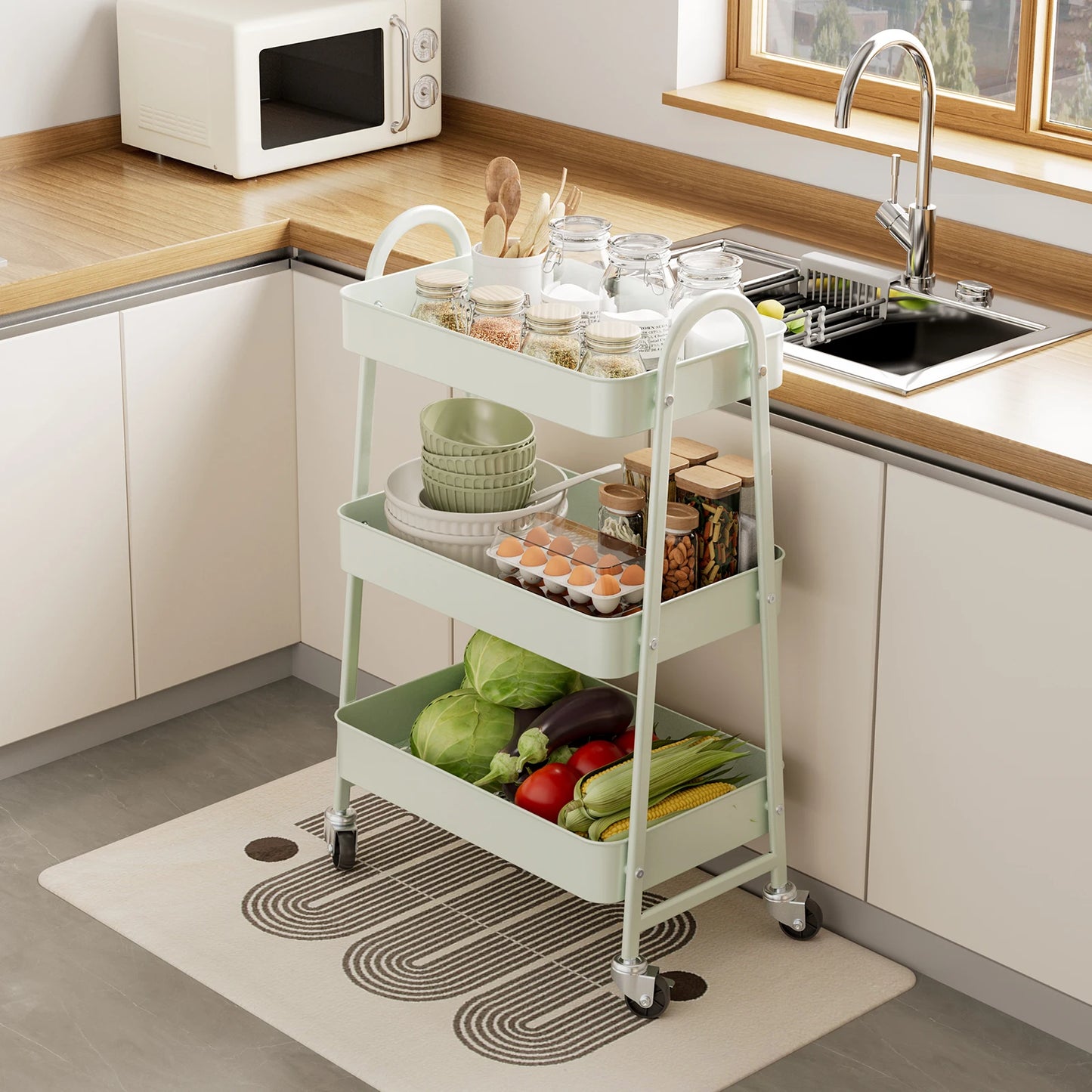 Slim 3-Tier Metal Storage Cart with Wheels for Home Use