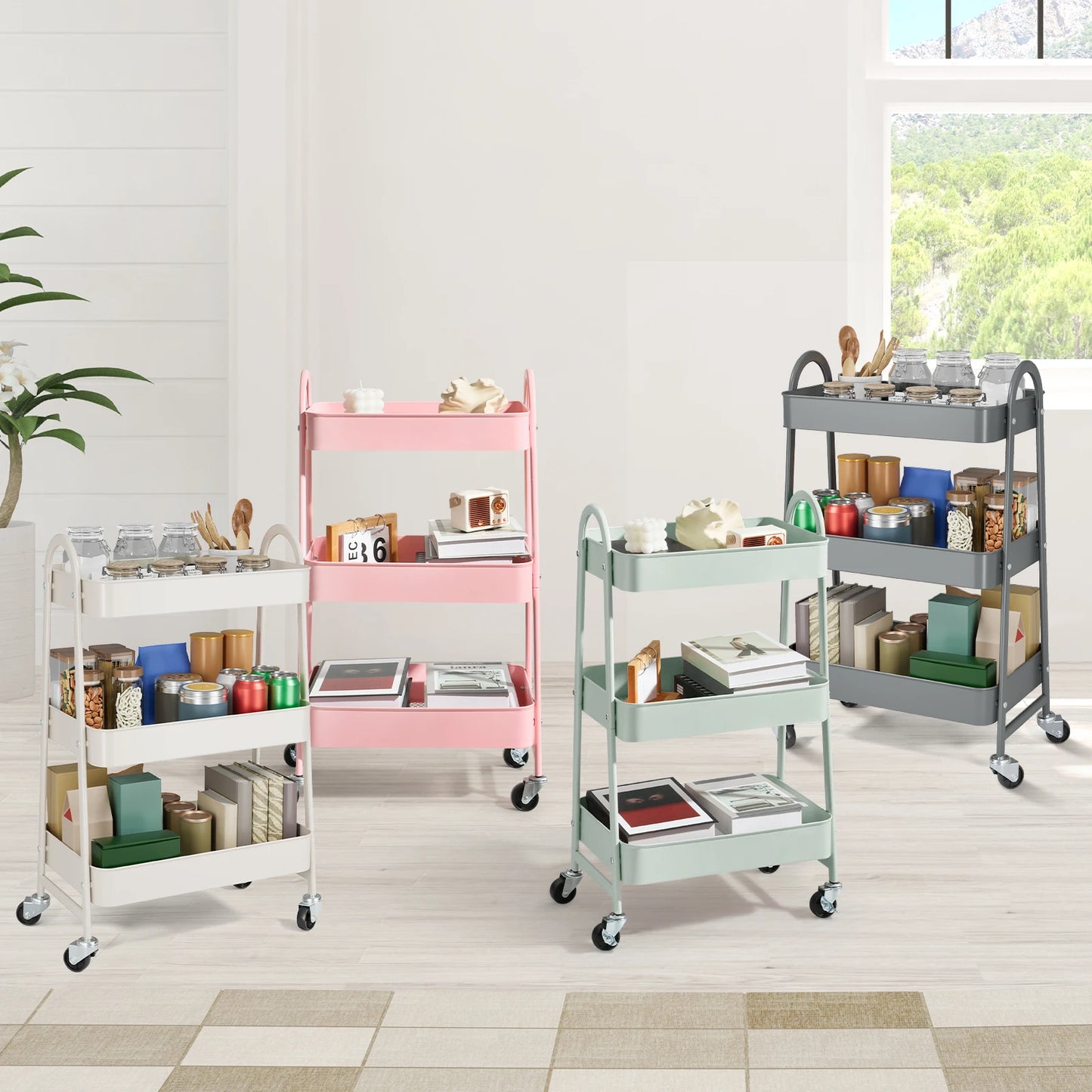 Slim 3-Tier Metal Storage Cart with Wheels for Home Use