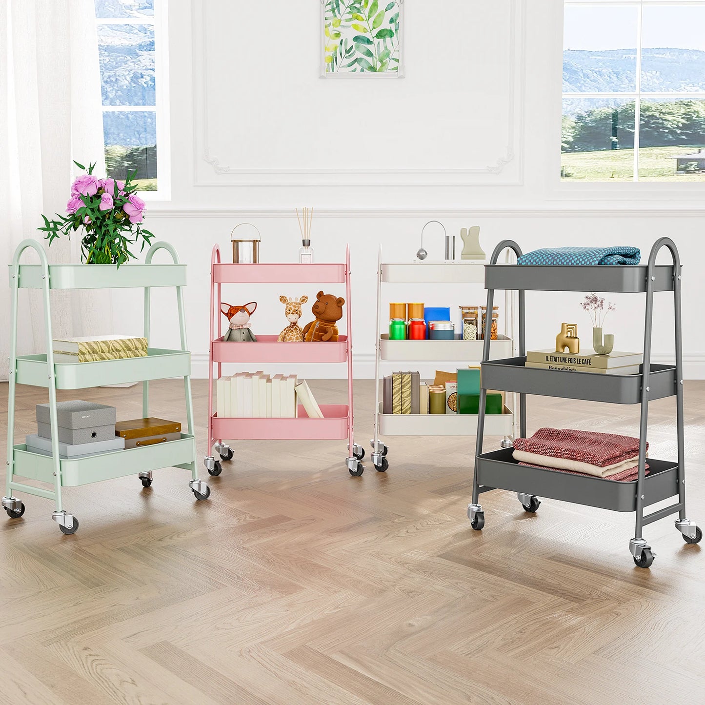 Slim 3-Tier Metal Storage Cart with Wheels for Home Use