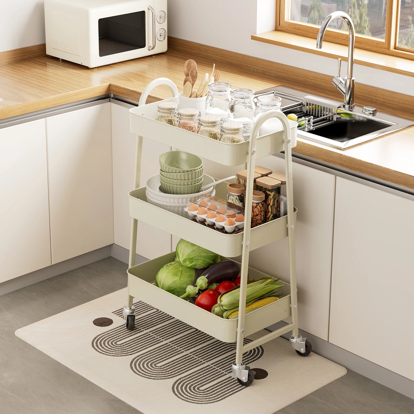 Slim 3-Tier Metal Storage Cart with Wheels for Home Use