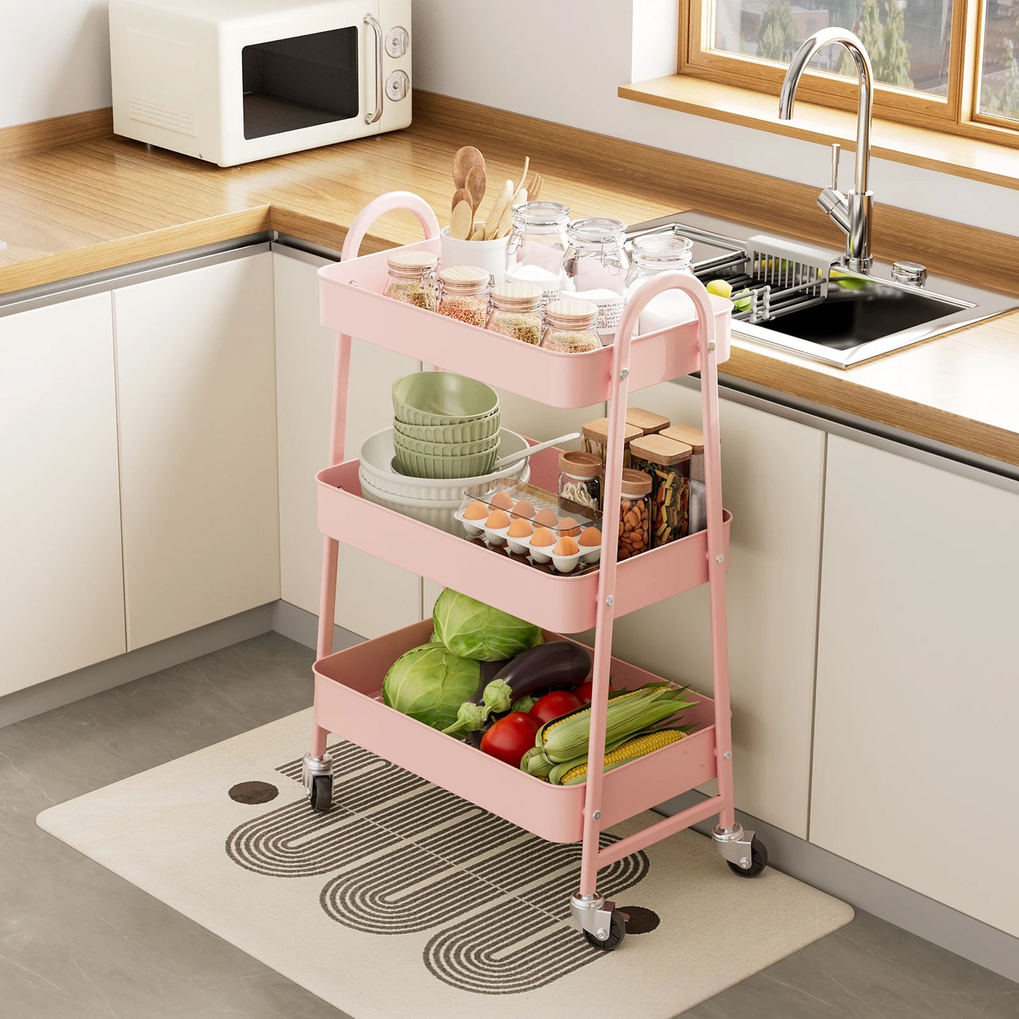 Slim 3-Tier Metal Storage Cart with Wheels for Home Use
